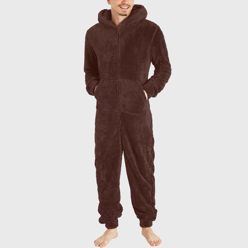 Pijama de lã artificial de manga longa masculino monocromático macacão com zíper solto com capuz, casual para inverno quente, 1
