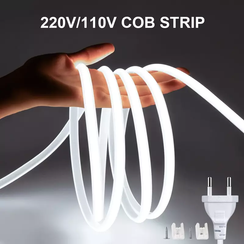Super Bright COB LED Strip Light, Lâmpada ao ar livre flexível, Fita LED à prova d'água, EU US Power Plug, RA90, 1m, 35m, 220V, 110V, 320LEDs por m