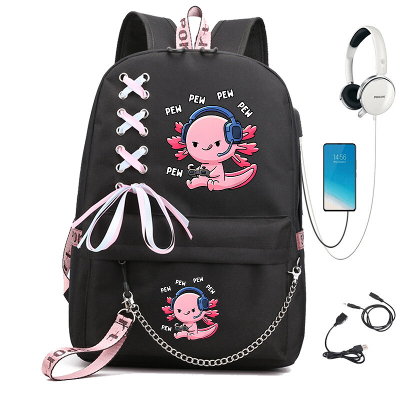 USB Cartoon Schoolbag para meninas adolescentes, bonito Anime mochila, Axolotl Play Games, Estudantes