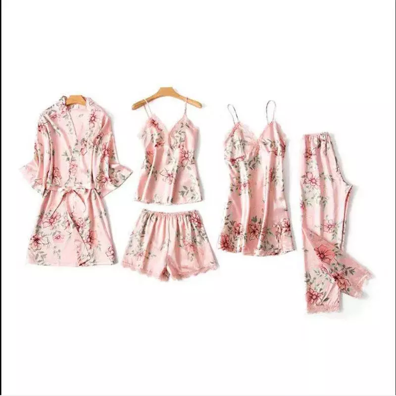 801b-11   5Pcs Sets Women Sexy Lace Sleepwear Satin Nightwear Lingerie Pajamas Suit Soft Silk Pyjamas Tops Cami Shorts Covers