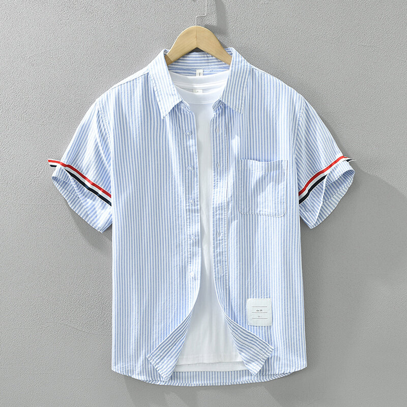 Camisas masculinas de manga curta listrada, camisas casuais soltas de algodão plus size, nova moda, verão, 2024