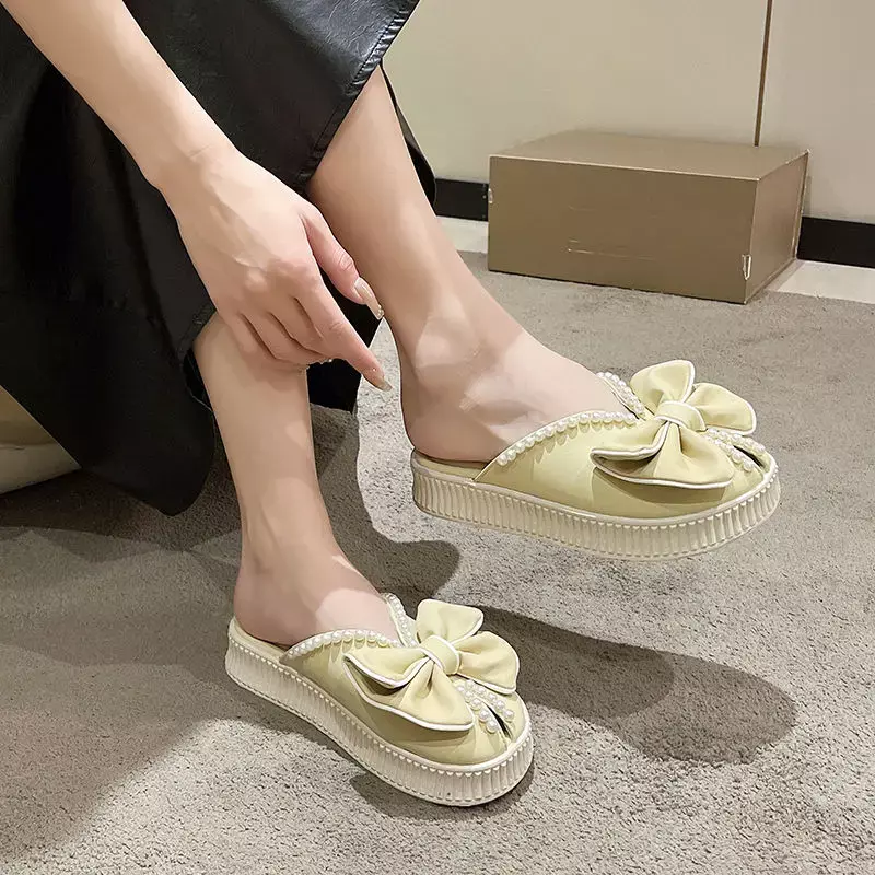 Indoor Mules Round Toe Fish Outside Home Slides Yellow House Sandals Pearl Kawaii Thick with Bow Shoes for Women Woman Slippers
