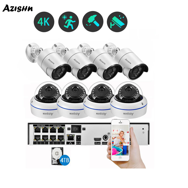 AZISHN 4K 8MP 보안 카메라 시스템 4CH/8CH POE NVR 키트 야외 AI 5MP IP 카메라 나이트 비전 CCTV H.265 비디오 감시 세트