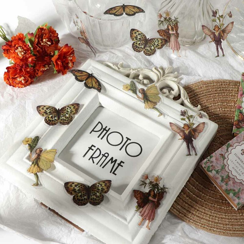 40/45 Buah/Kotak Stiker Hewan Peliharaan Tahan Air Peri Kupu-kupu Label Dekoratif Elfin Bunga Antik untuk Jurnal Buku Tempel
