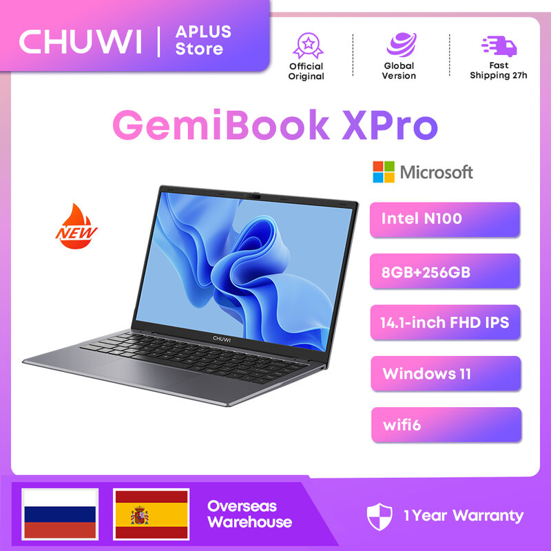 Ноутбук CHUWI GemiBook XPro, Intel N100, 14,1 дюйма, Windows 11, 8 ГБ ОЗУ 256 Гб SSD,Intel Alder Lake N100 (до 3,4 ГГц)
