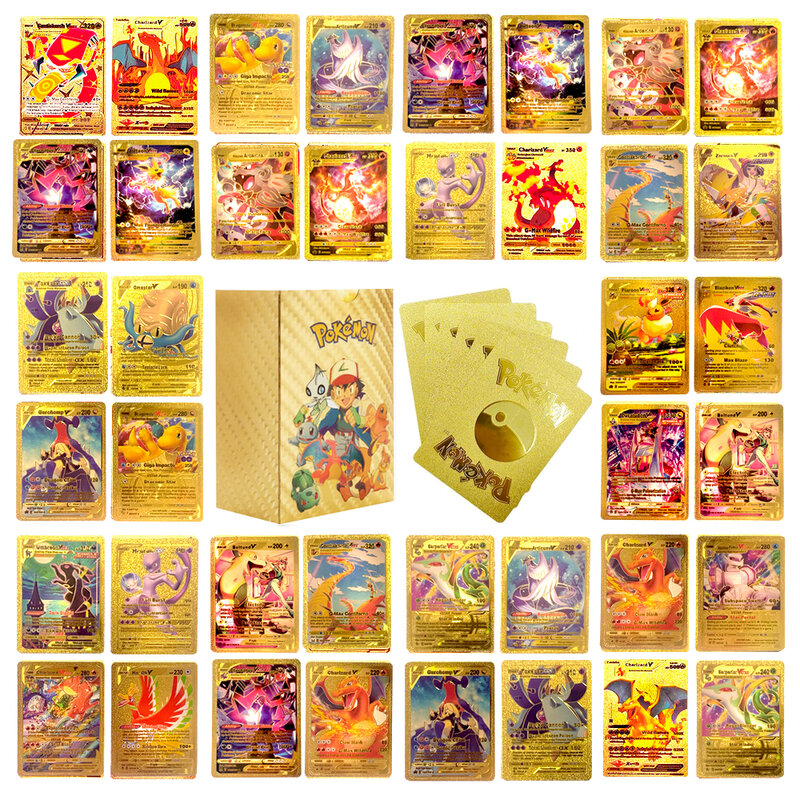 Cartes dorées Pokémon Charizard Vmax Gx, carte de collection de jeu, espagnol, anglais, français, allemand, feuille, argent, nouveau, 27-110 pièces