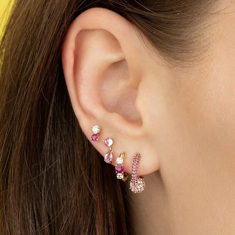 925 Sterling srebrna igła różowe kryształowe serce Hoop kolczyki dla kobiet moda geometryczne wiszące kolczyki luksusowe biżuteria prezenty