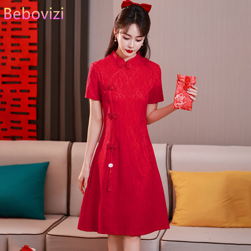 Cheongsam de encaje de estilo nacional chino tradicional de alta gama, vestido de novia rojo ajustado, temperamento de verano, Año Nuevo, CNY
