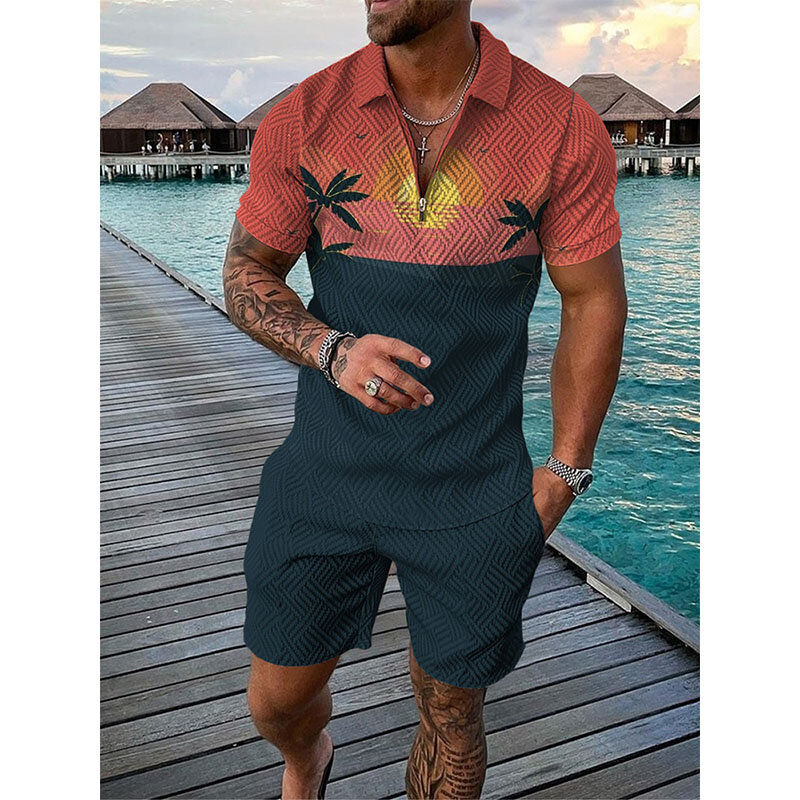 Костюм спортивный мужской Пляжный из 2 предметов, гавайская рубашка-поло и шорты с 3D принтом, комплект из рубашки и брюк большого размера с коротким рукавом