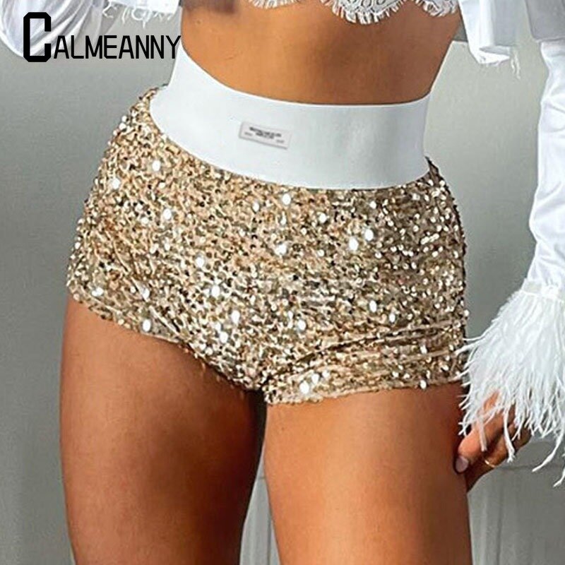 Sexy Slanke Damesshort Met Lovertjes 2024 Zomer-Europa-Amerika Elastische Hoge Taille Shorts Skinny Partyclub Raves Paaldansshorts