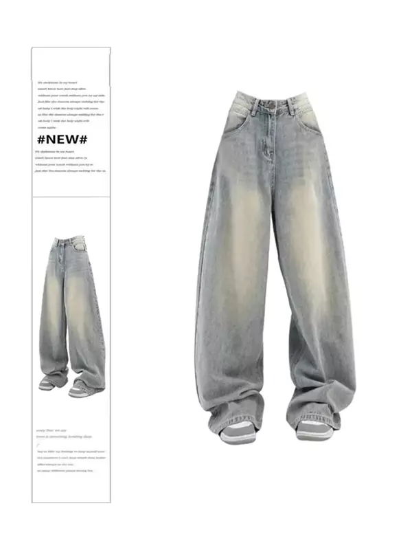 Spring Retro Harajuku Fashion Blue Loose Design High Wide Leg Denim for Women New Y2k American Jeans Leisure Women's Clothing