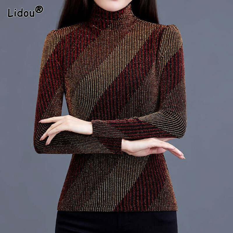 Пуловер женский в полоску, Блестящий шелковый винтажный водолазка, высокий приталенный силуэт, несколько цветов, на осень-зиму