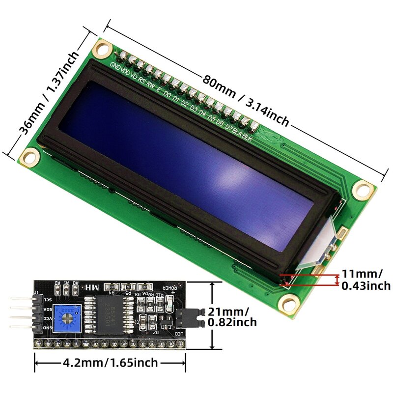 아두이노용 LCD 디스플레이, LCD1602 1602 LCD 모듈, 16x2 문자, PCF8574T, PCF8574, IIC I2C 인터페이스, 5V 블루, 옐로우 그린 스크린