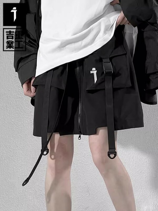 11 BYBB'S DARK 2024 Letnie krótkie spódniczki dla kobiet Mężczyźni Czarne funkcjonalne wstążki Spódnica Cargo Spodenki Luźna odzież uliczna Elastyczna talia