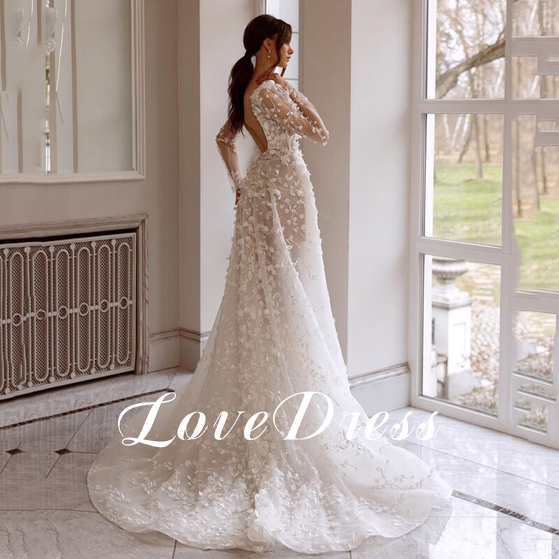 LoveDress Sheer Deep V-Neck Wedding Dress Long Sleeves Lace Appiques Split Boho Bride Gown A-Line Backless Train Robe de mariée