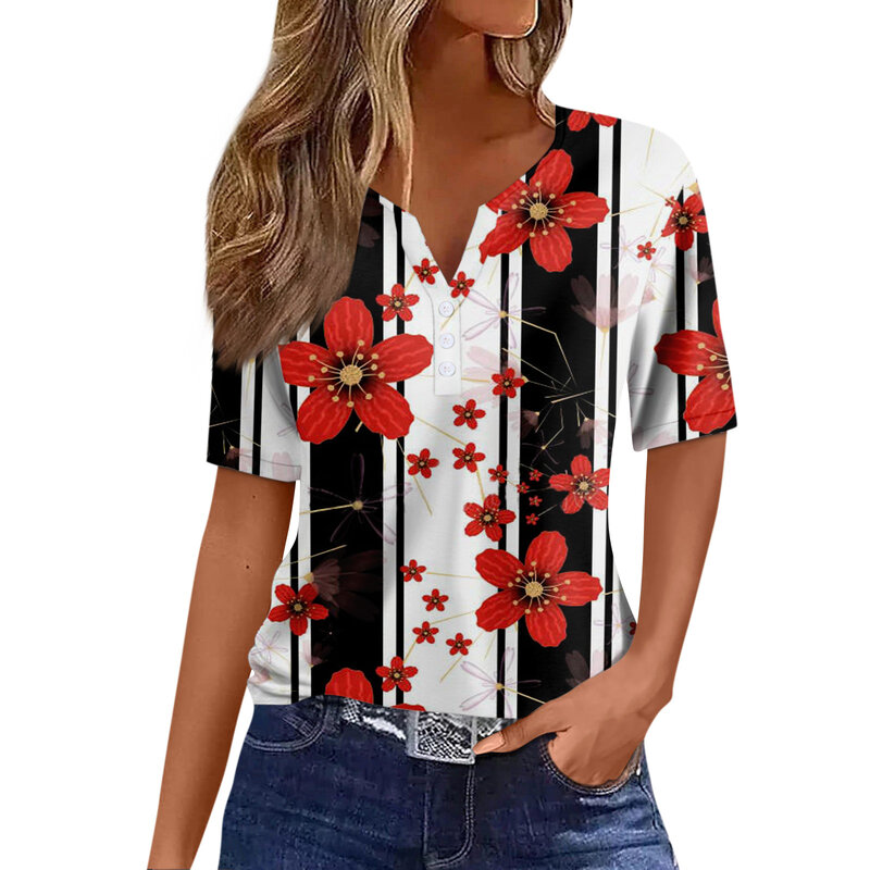 Blusa floral casual estampada para mulheres, camisas com decote em v, mangas curtas, top Y2k, tamanho grande, botão diário, verão