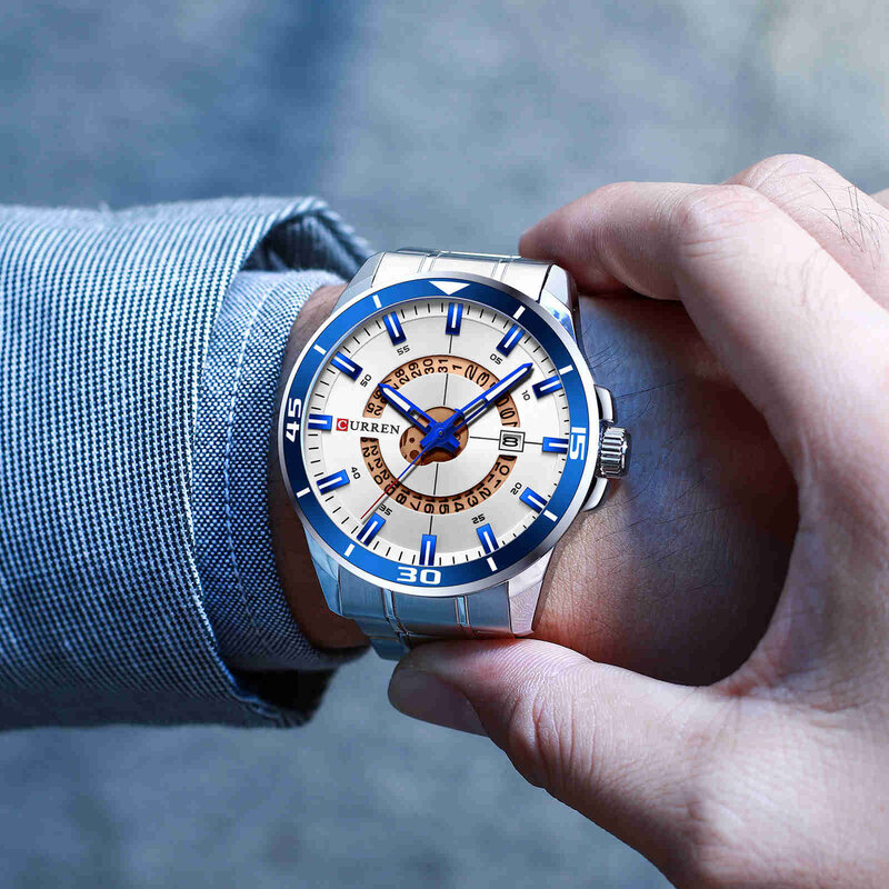 Zegarek kwarcowy męski zegarek złoty ze stali nierdzewnej zegarek z datownikiem świecący wodoodporny rekreacyjny biznes wielofunkcyjny zegar kwarcowy 8359
