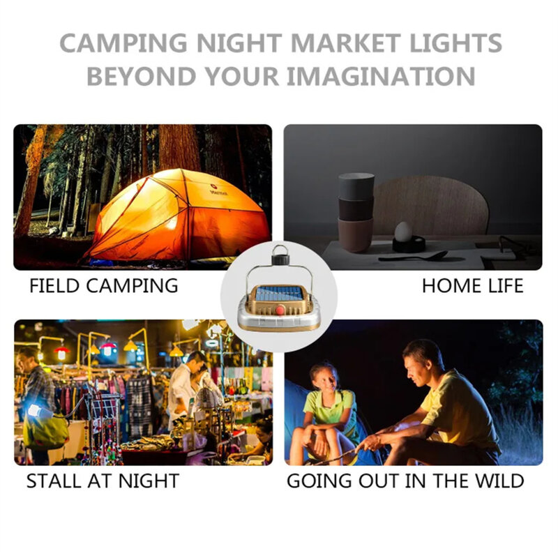 Lampu tenda COB portabel, lentera Kemah tenaga surya, lampu gantung tahan air untuk luar ruangan, taman, berkemah, memancing, mendaki gunung