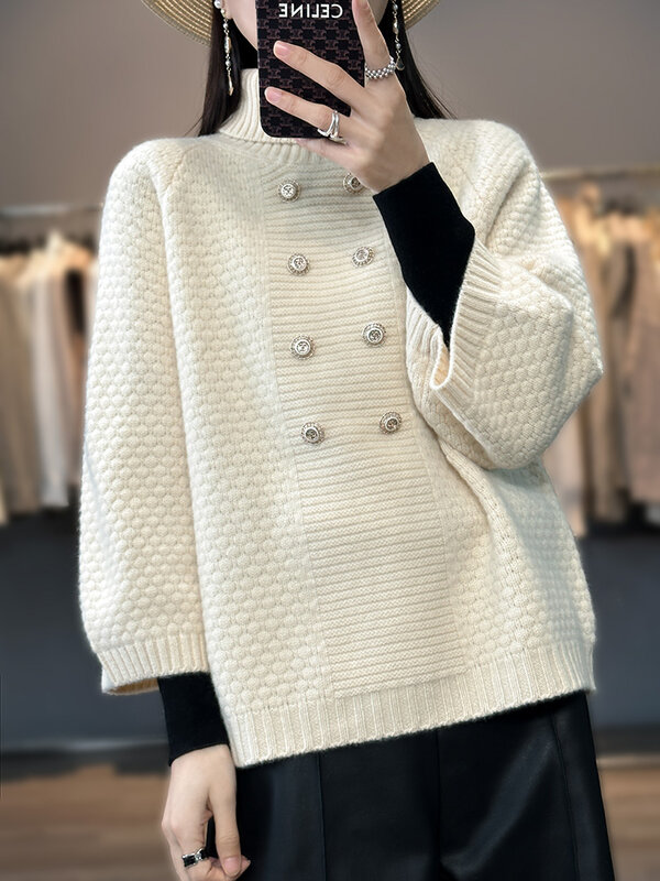 Suéter grosso de gola alta feminino, suéter solto e preguiçoso, 100 suéteres puros, mangas de nove pontos, elegante e elegante, outono e inverno