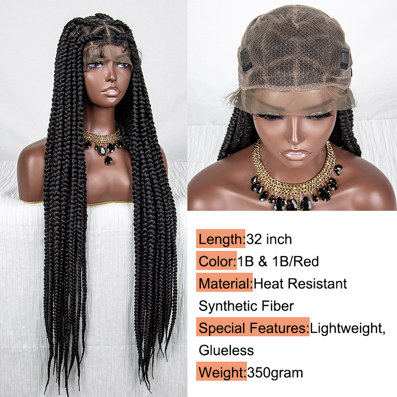 Full Lace Braided Wigs 34 inches HD Full Lace Frontal Wig Glueless Synthetic Cornrow Braided Lace Front Wigs with Baby Hair