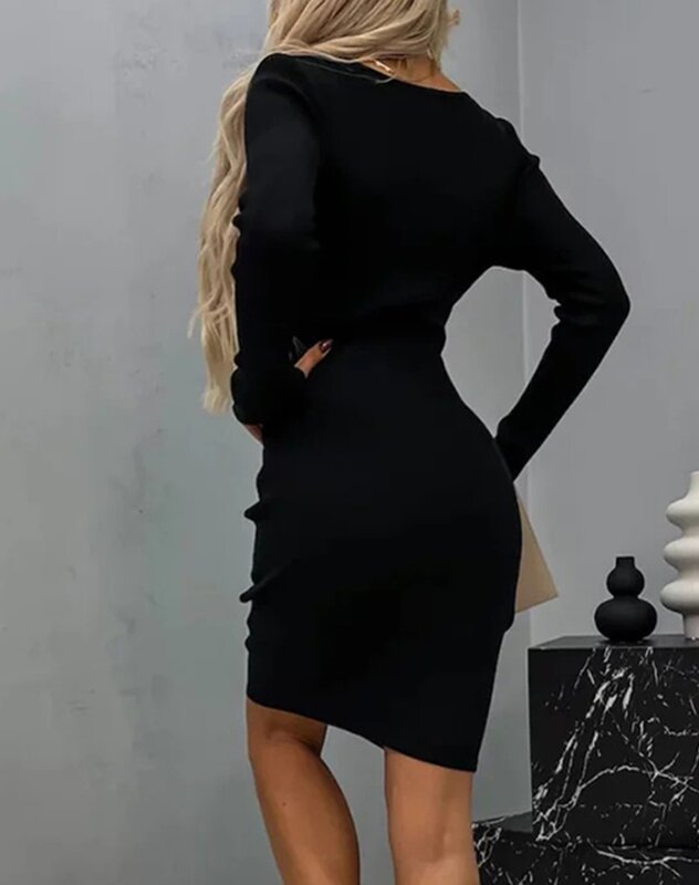Evening Party Dresses for Women 2023 Autumn Winter Spring New Fashion Casual Sexy Heart Chain Decor Elegant Knit Sweater Dress