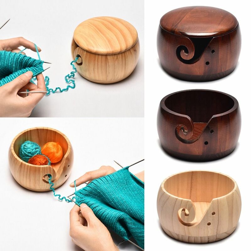 Tas dengan lubang buatan tangan mangkuk benang kayu alat rajut rajut tenun pegangan wol Organizer penyimpanan rajutan wol keranjang