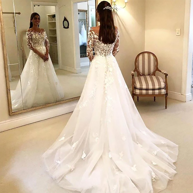 Vestido de noiva encantador princesa gola O feminino, apliques de renda, linha A, botões iluminadores, vestido de noiva de tule, 2024