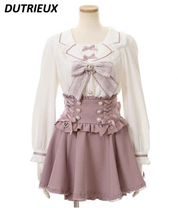 Camisa de lolita fofa feminina com laço, manga comprida, top vintage, gola marinheiro, estilo japonês, minha, nova, primavera e verão