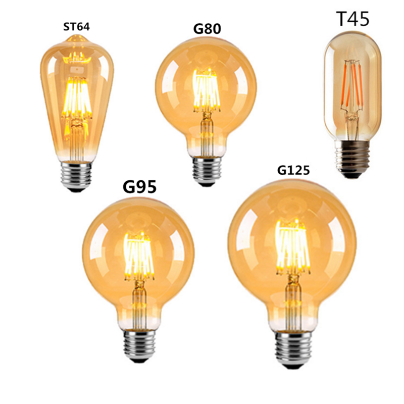 Lâmpada LED Edison Filamento, Castanho, Dourado, T45, G80, G95, G125, 4W, 8W, 2700K, E27, AC 220V, 110V, Dimmer Restaurante, Quarto