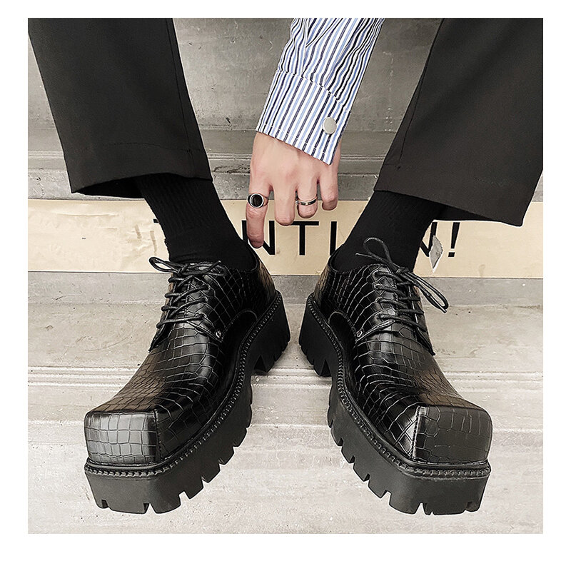 스퀘어 토드 남성 악어 패턴 빅 헤드 플랫 폼 두꺼운 바닥 캐주얼 더비 신발, 남성 키높이 옥스포드