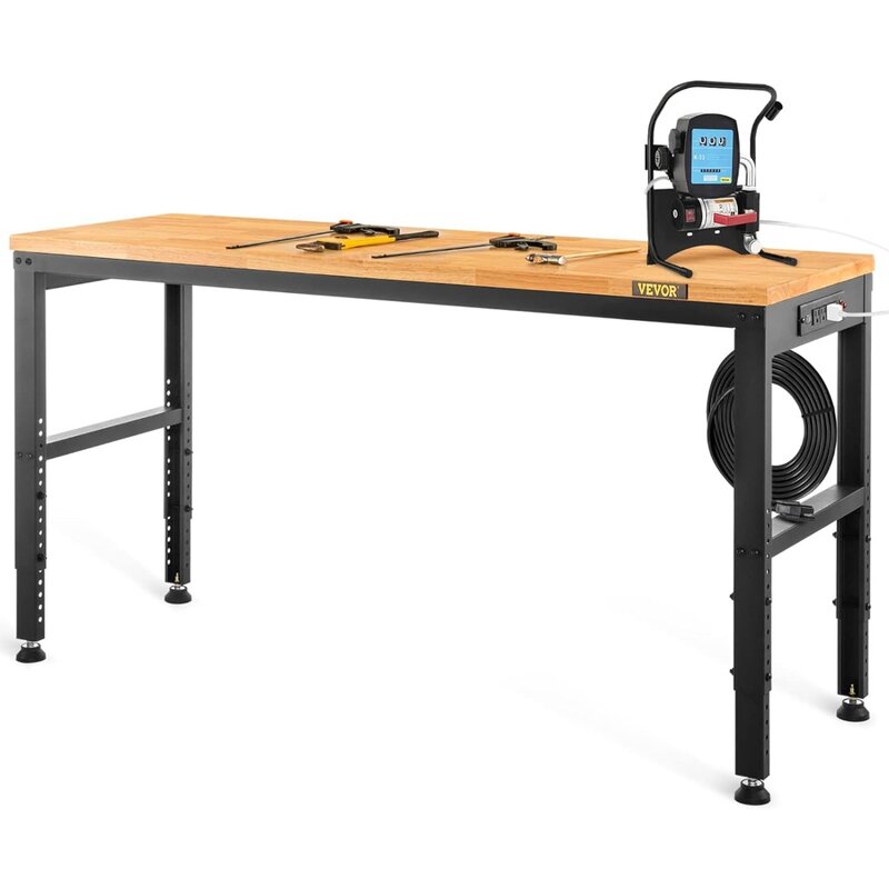 Adjustable Workbench, 48" L X 20" W Garage Table w/ 28.3" - 38.1" Heights & 2000 LBS Load Capacity, with Power Outlets & Hardwoo