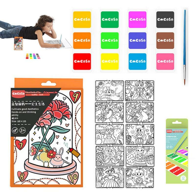 Aquarela Pocket Painting Book with Paints Brush for Kids, Coloring Book, Cute Books, 3