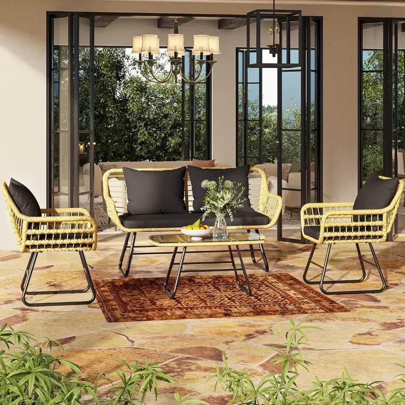 4 Piece Patio Furniture Wicker Outdoor Bistro Set with Upholstered and Metal Table,All-Weather Rattan Conversation Otto Armchair
