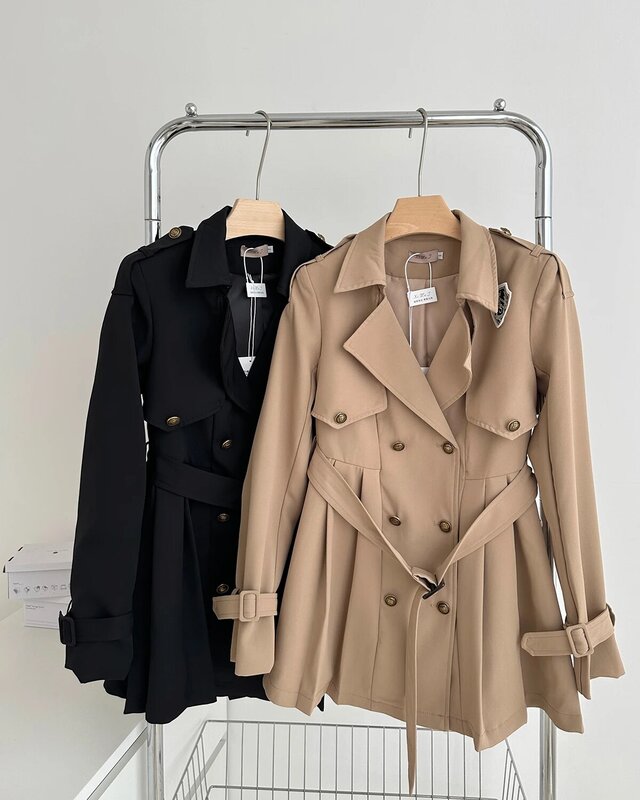 Gabardina plisada para mujer, chaqueta elegante de manga larga con doble botonadura, ropa de calle holgada, primavera y otoño