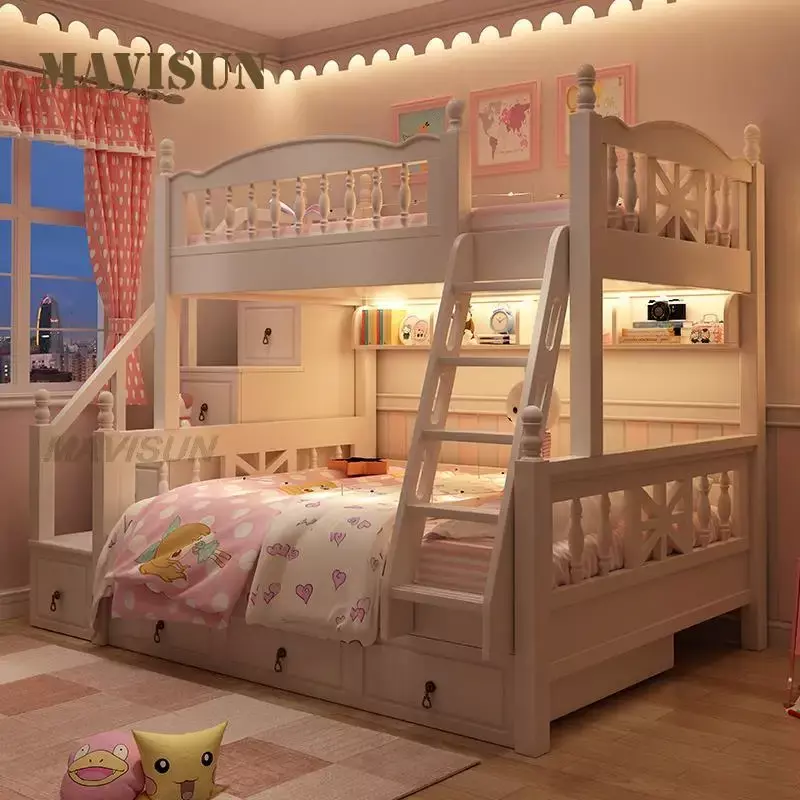 한국 시골 스타일 침대, 흰색 모던 미니멀리스트, 업 다운, 어린이 침대, 공주 소녀용 보관함, 창의적인 방 가구