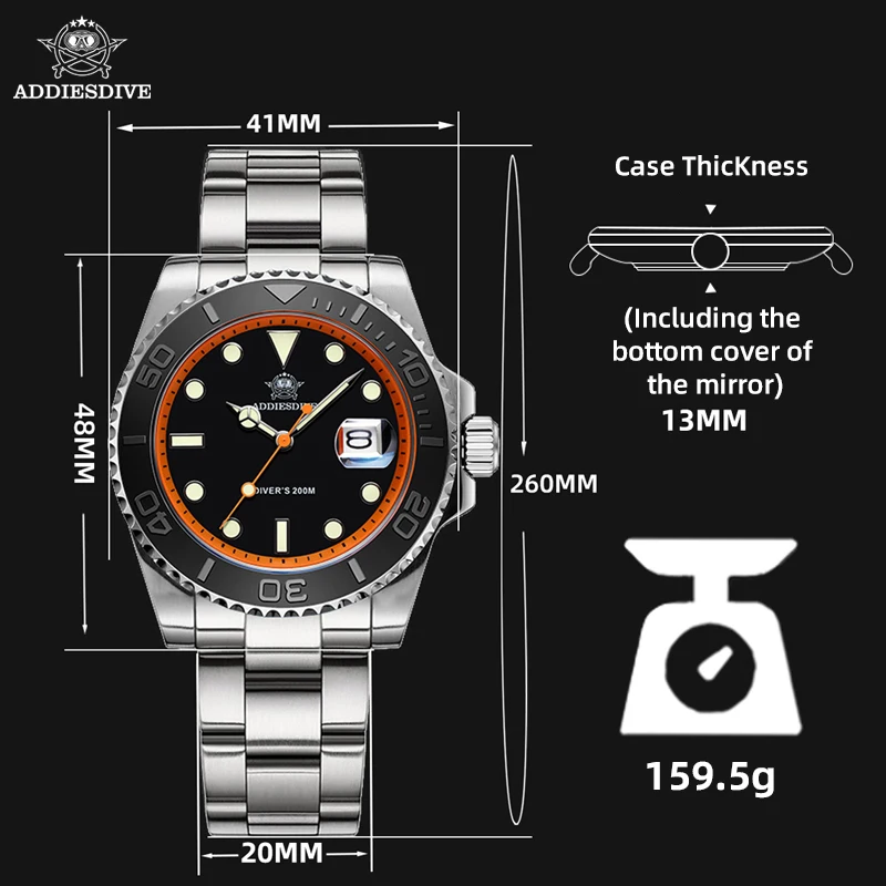 ADDIESDIVE-Relógios quartzo masculino, aço inoxidável, calendário, relógio de luxo, luminoso, mergulho a 200m, relógio de pulso casual, 41mm, marca top