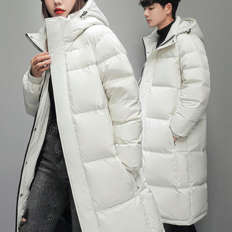 남녀공용 방풍 단색 코트, 스탠드 칼라 후드 넥 포켓, 따뜻한 두꺼운 중간 길이, 커플용 겨울 다운 코트