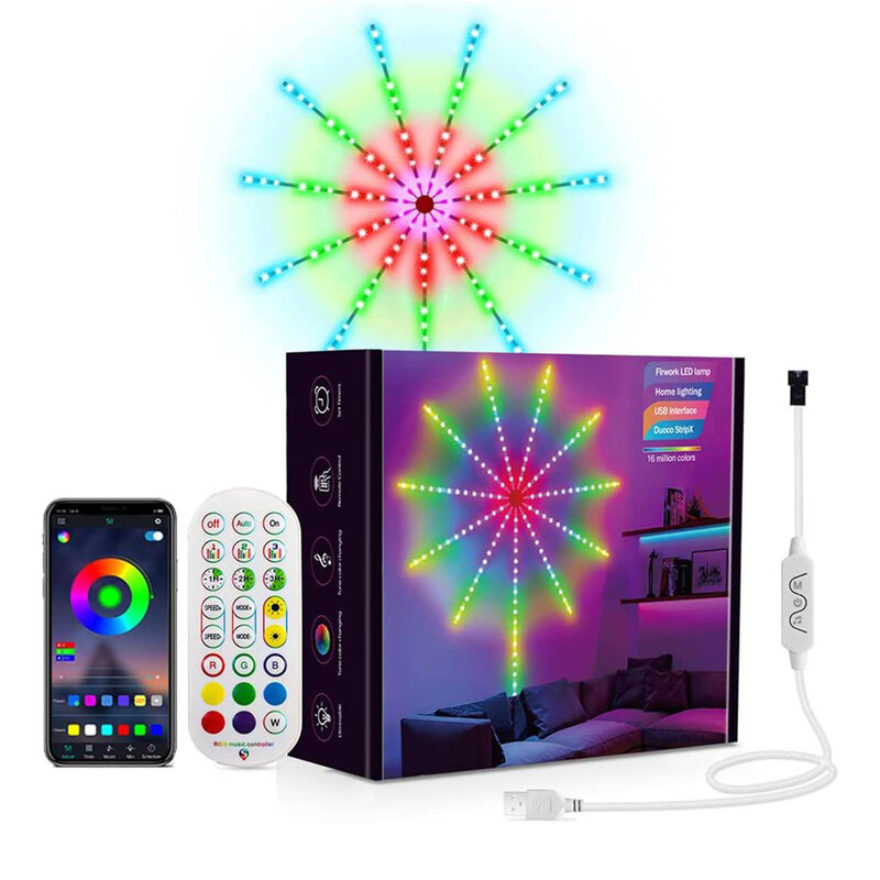 Smart Firework Led Lights USB Powered Color Changing Fireworks Led Lights APP Remote Control Wall Decor Light With Music Sync
