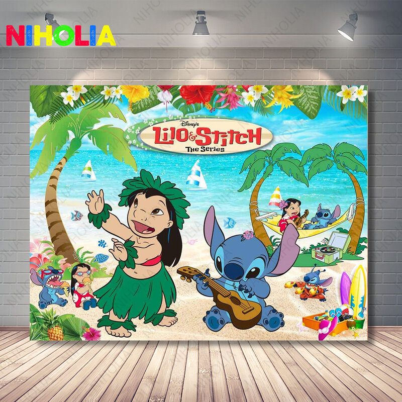 Disney Lilo & Stitch Backdrop Crianças Birthday Party Foto Decoração Fotografia Ocean Flower Background Baby Shower Prop Banner