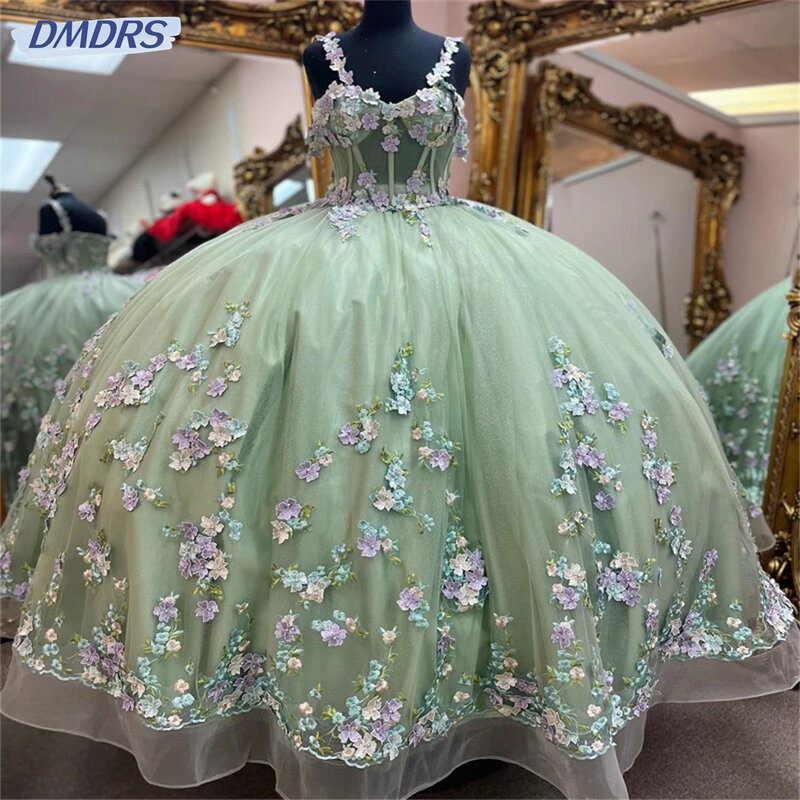 Charming Sparkly Sweetheart 3D Flowers Tull Quinceanera Dress Ball Gown Puffy Dress 16th Birthday Debut vestido de