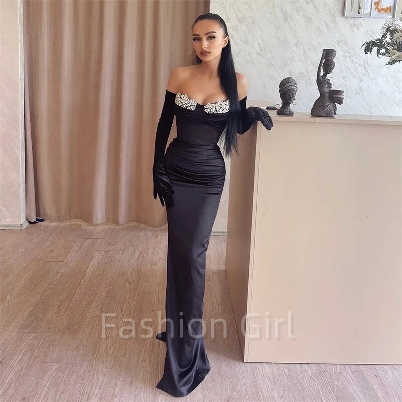 Black Satin Mermaid Beaded Pleated Prom Dresses Off The Shoulder Cocktail Sequin Occasion Evening Gown Robe Vestidos De Fiesta