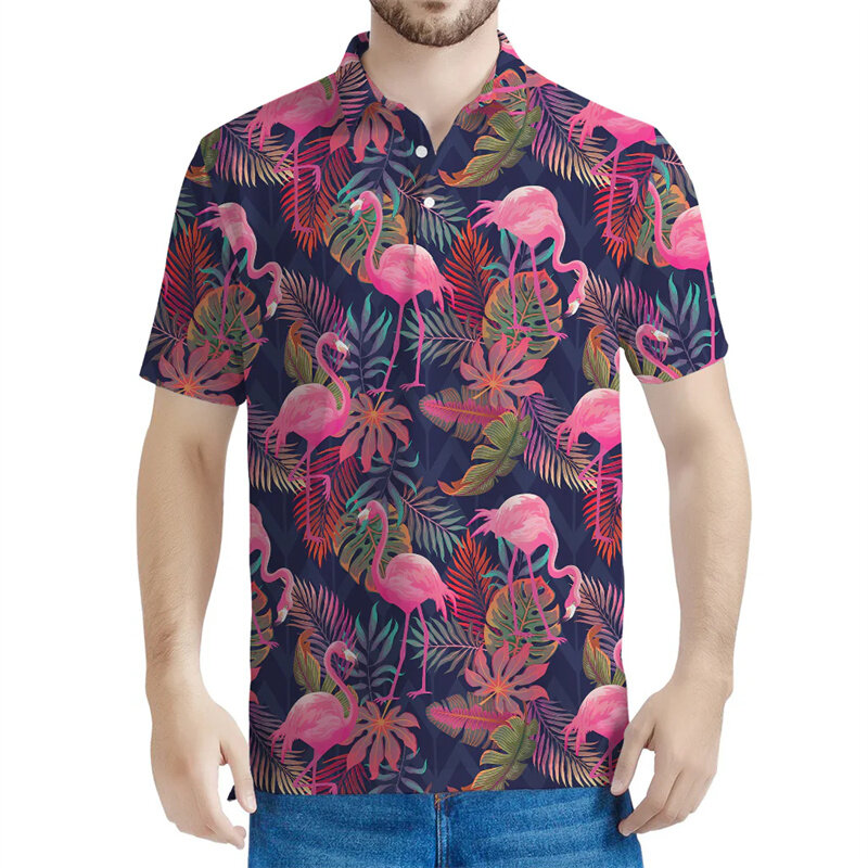 Camisa polo tropical colorida masculina Flamingo, mangas curtas havaianas impressas em 3D, camisas polo de botão, casual lapela tees, tops de verão