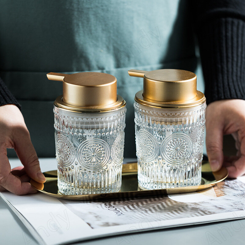 Szkło europejskie butelka mydła złoty skok dekoracyjny pulpit szampon butelka z pompką zestaw nowoczesny Relief akcesoria łazienkowe do domu