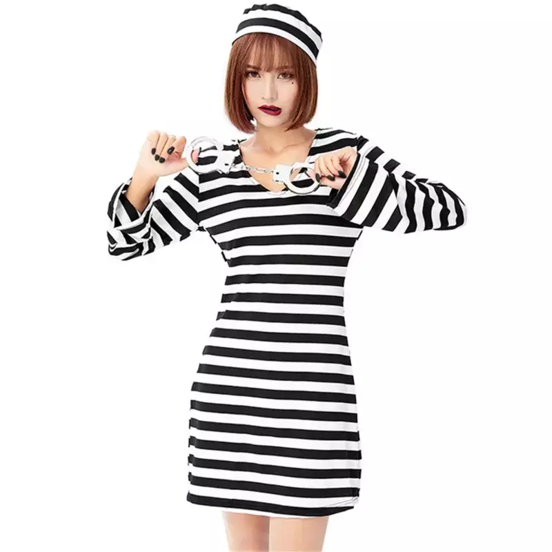 Costume da prigioniero a righe bianche nere per adulti costumi di Halloween per uomo donna festa di carnevale uniforme da prigioniero Cosplay