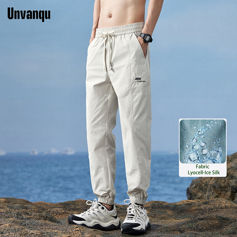 Уличные модные мужские повседневные брюки Unvanqu в стиле Харадзюку, летние новые универсальные спортивные брюки Lyocell из ледяного шелка для фитнеса и бега