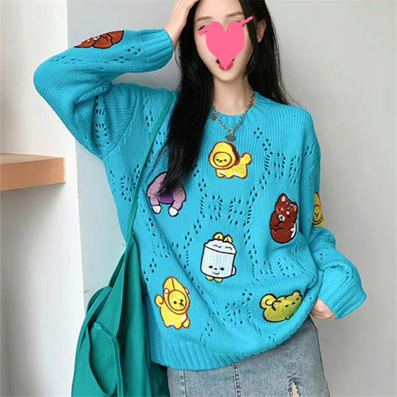 Hsa-Pulôver feminino bordado com gola em O, suéter de malha, puxão solto e doce dos desenhos animados, estilo coreano, outono inverno, novo