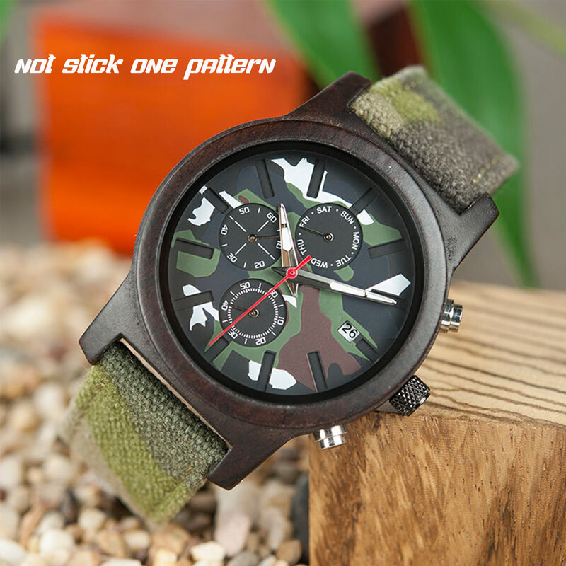 Moda męska kamuflaż drewniany wyświetlacz kalendarz wielofunkcyjny importowane kwarcowy z chronografem odporna na zarysowania szklane zegarek na prezent