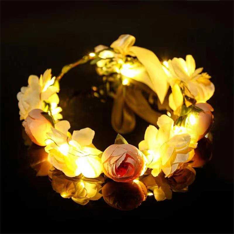Battery LED Headband Glowing Head Wreath Light Up Bridal Flower Women Girl Garland Crown Party Wedding Headband Glowing Wreath