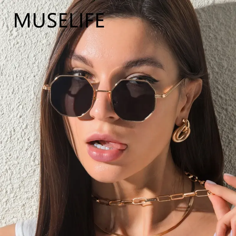 MUSELIFE-Polygon Sunglasses para homens e mulheres, vintage, Octagon Metal, marca de luxo, óculos de sol, senhoras