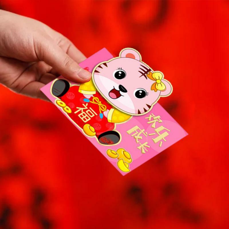 Amplop hadiah Tiongkok untuk uang tunai 6 buah saku merah Tahun Baru Tiongkok beruntung merah Tahun Baru Tiongkok koin dan amplop uang kertas